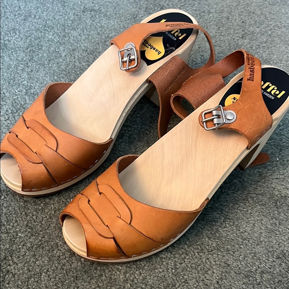 Swedish Hasbeens Tan Leather Mules & Clogs